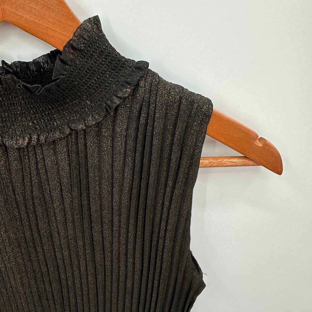 NANETTE LEPORE Black Gold Metallic Pleated High Neck Party Night Out Dress // 4 - Picture 7 of 14